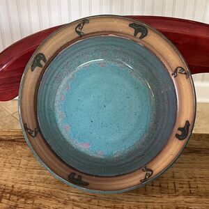 Vintage A&A Art Pottery Centerpiece Bowl  Teal Blue Aztec Design Bear RARE